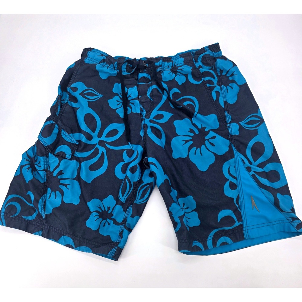 Speedo Mens Floral Hibiscus Swim Trunks Navy Turquoise Cargo Pocket Size M
